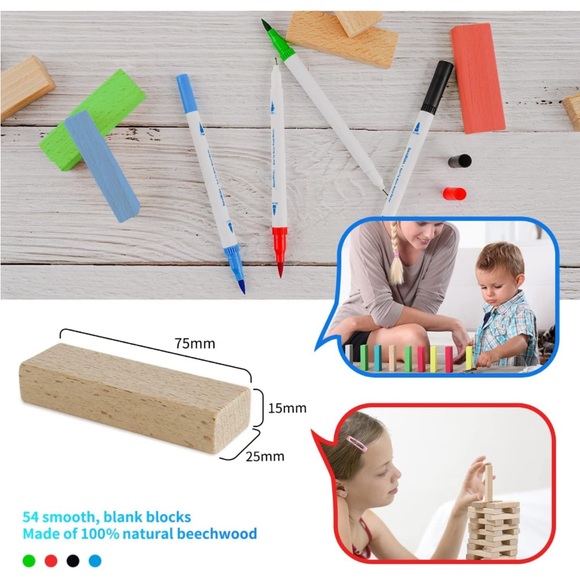 Tumbling Tower🗼Game w 54 Blank Tumbling Blocks🧱 4 Coloring Markers🖍️ - Picture 7 of 8